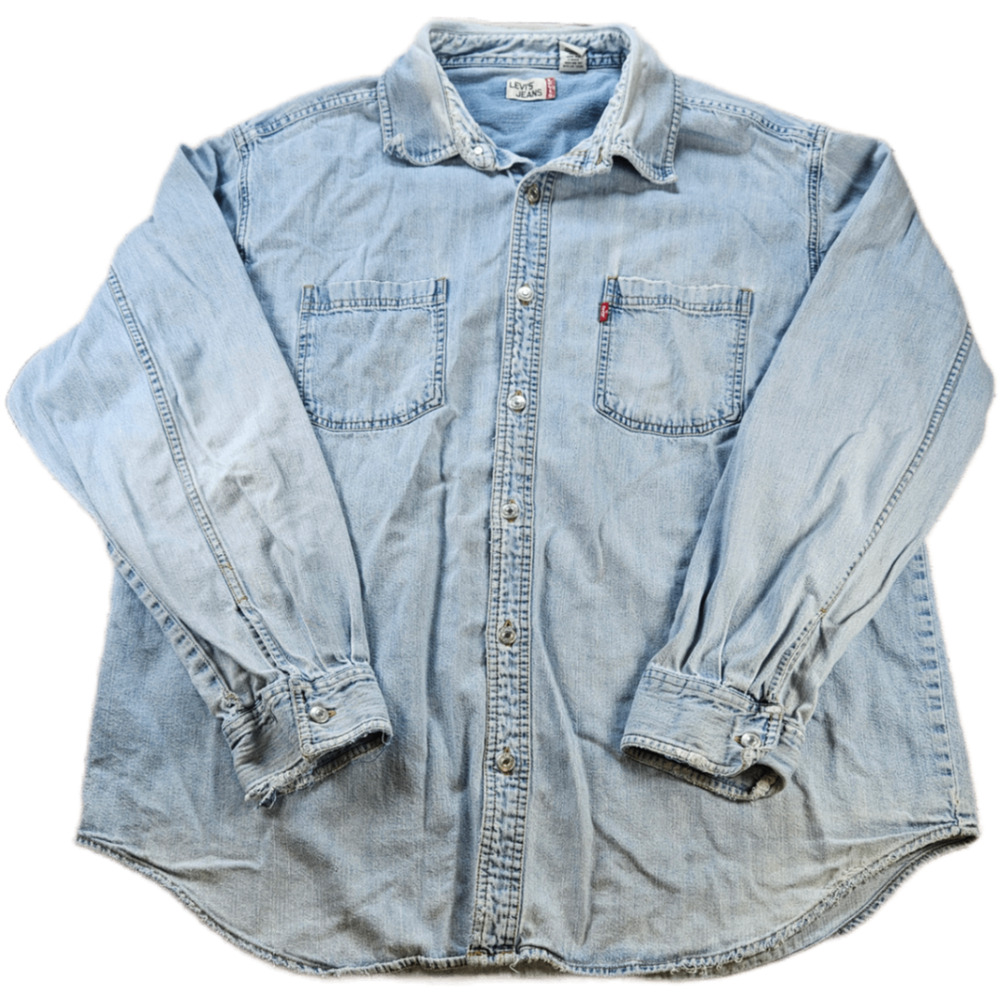 Levi's Men's Casual Cotton Button-Down Shirt Light Wash Blue XL *Distressed